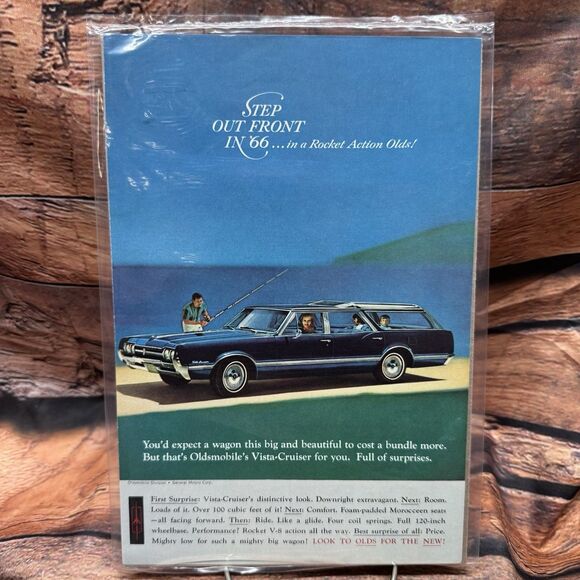 Vtg 1966 Oldsmobile Vista-Cruiser Station Wagon Car Magazine Print Ad Fishing - Picture 1 of 3